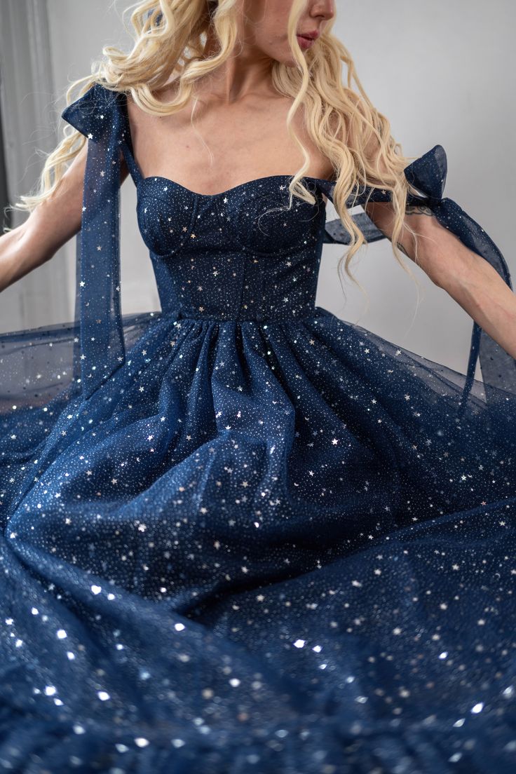 Star Sequin Navy Blue A Line Straps Layered Tulle Date Dress Prom Dress Evening Dress DP3371