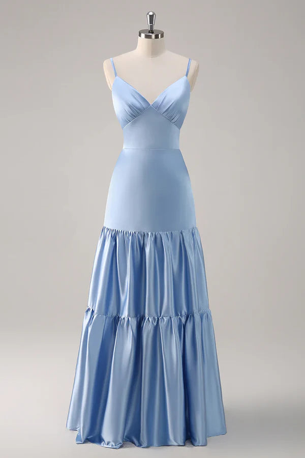 Elegant A Line V-neck Spaghetti Straps Satin Prom Dress DP763