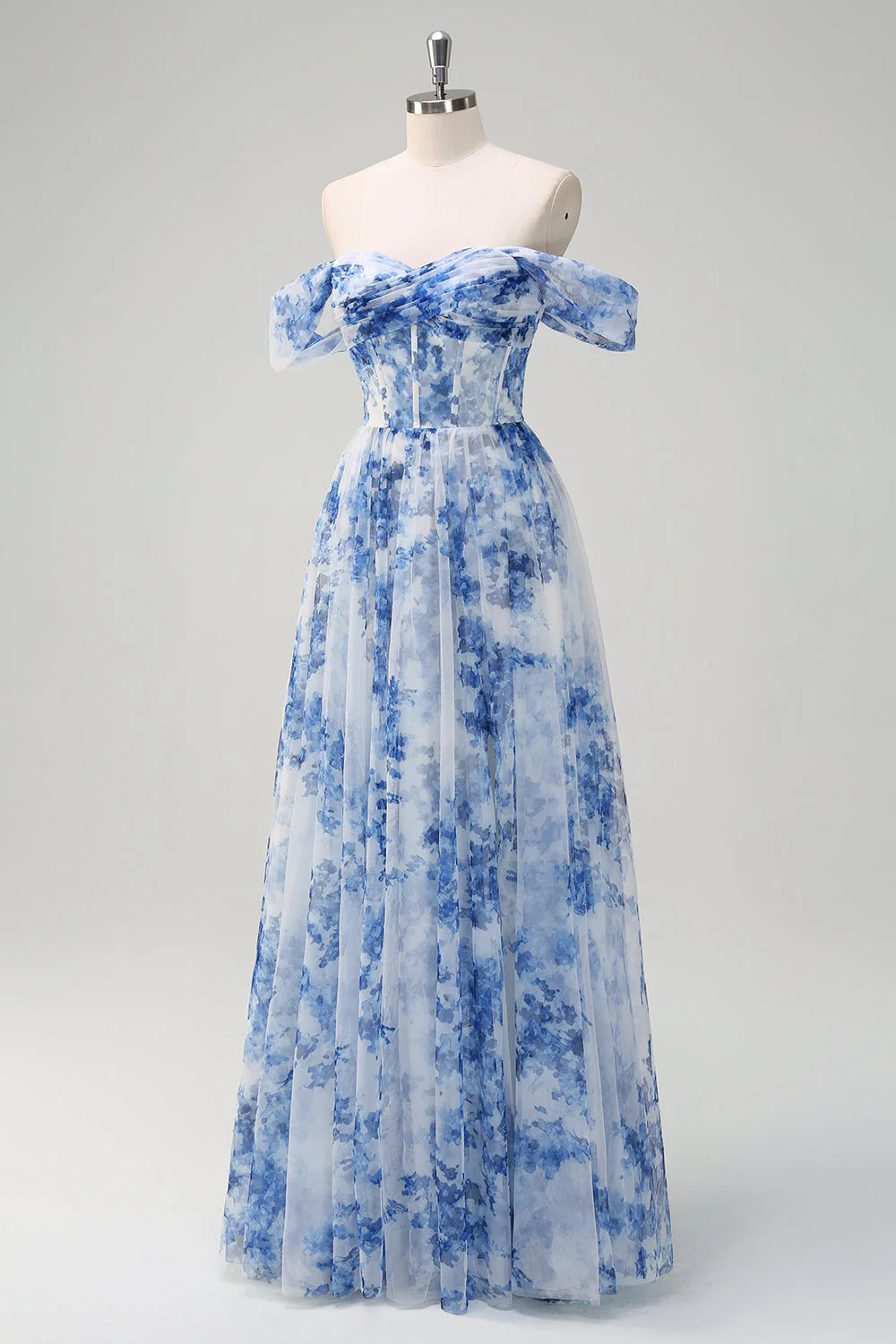 Blue Flower A Line Off the Shoulder Chiffon Long Prom Dress with Slit DP1318