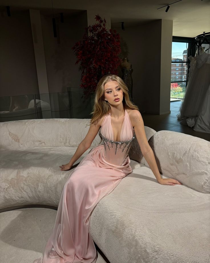 Cute A Line Halter Beaded Pink Satin Chiffon Open Back Long Prom Dress Graduation Prom Dress DP2248