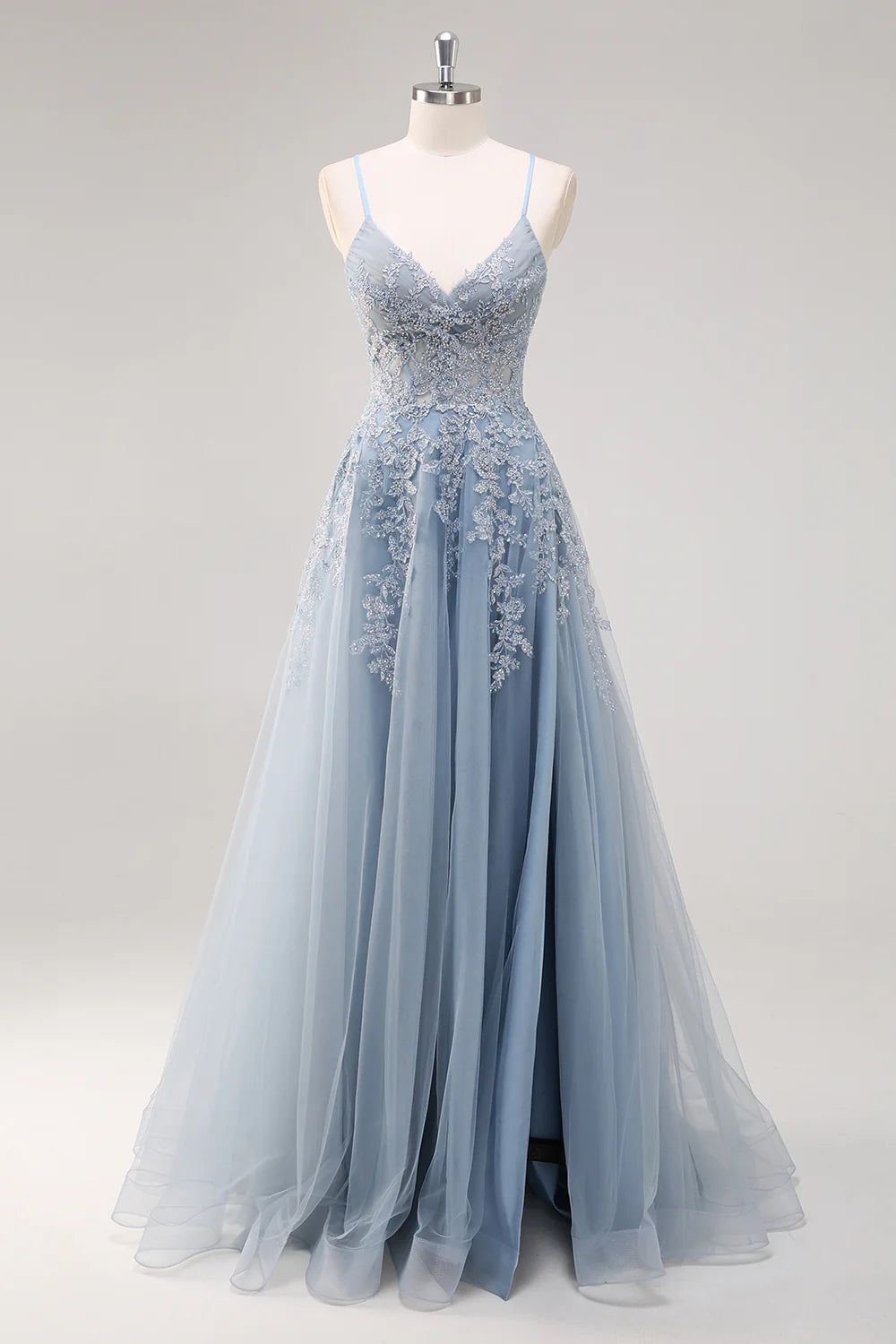 Blue A Line Spaghetti Straps Appliques Beaded Tulle Long Prom Dress Graduation Prom with Slit DP2242