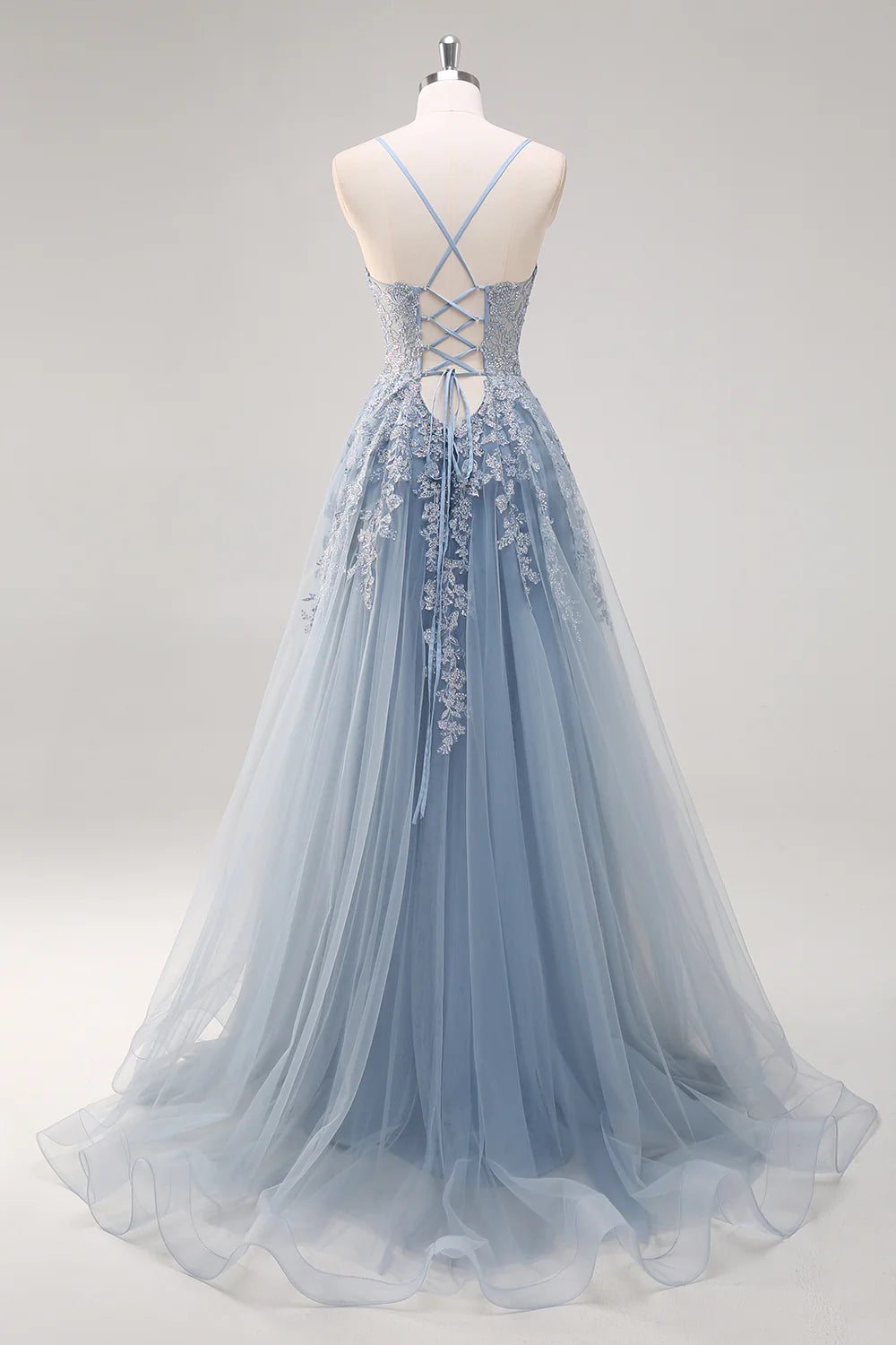 Blue A Line Spaghetti Straps Appliques Beaded Tulle Long Prom Dress Graduation Prom with Slit DP2242