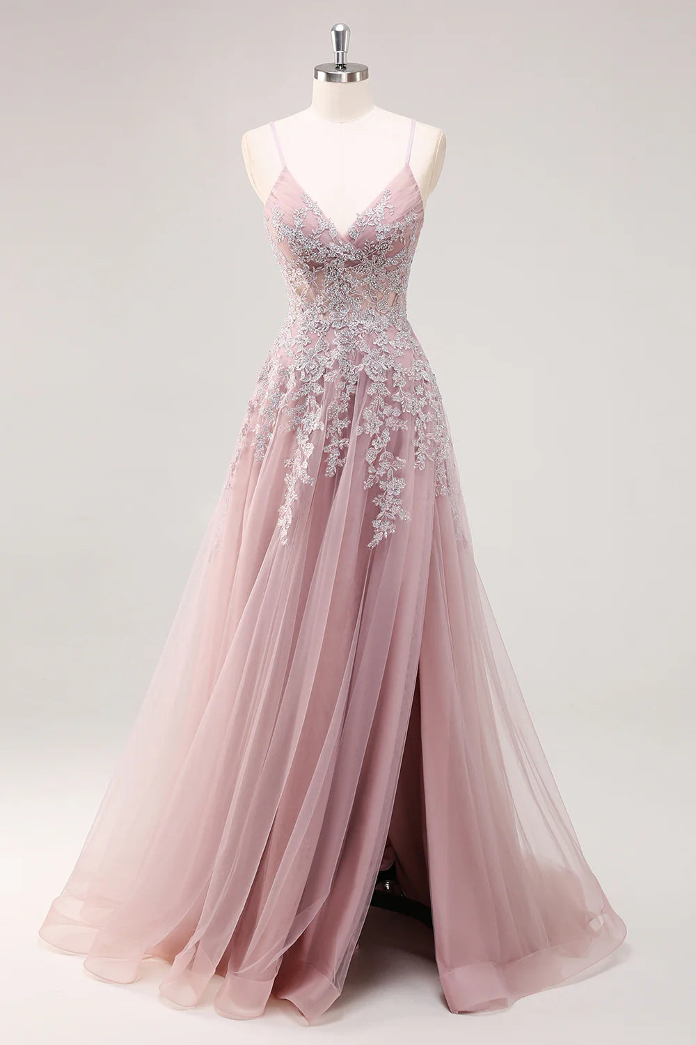 Pink A Line Spaghetti Straps Appliques Beaded Tulle Long Prom Dress Graduation Prom with Slit DP2243