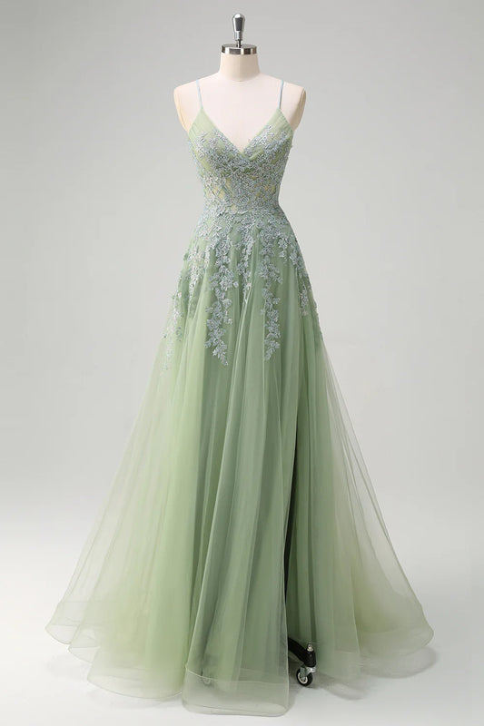 Green A Line Spaghetti Straps Appliques Beaded Tulle Long Prom Dress Graduation Prom with Slit DP2244
