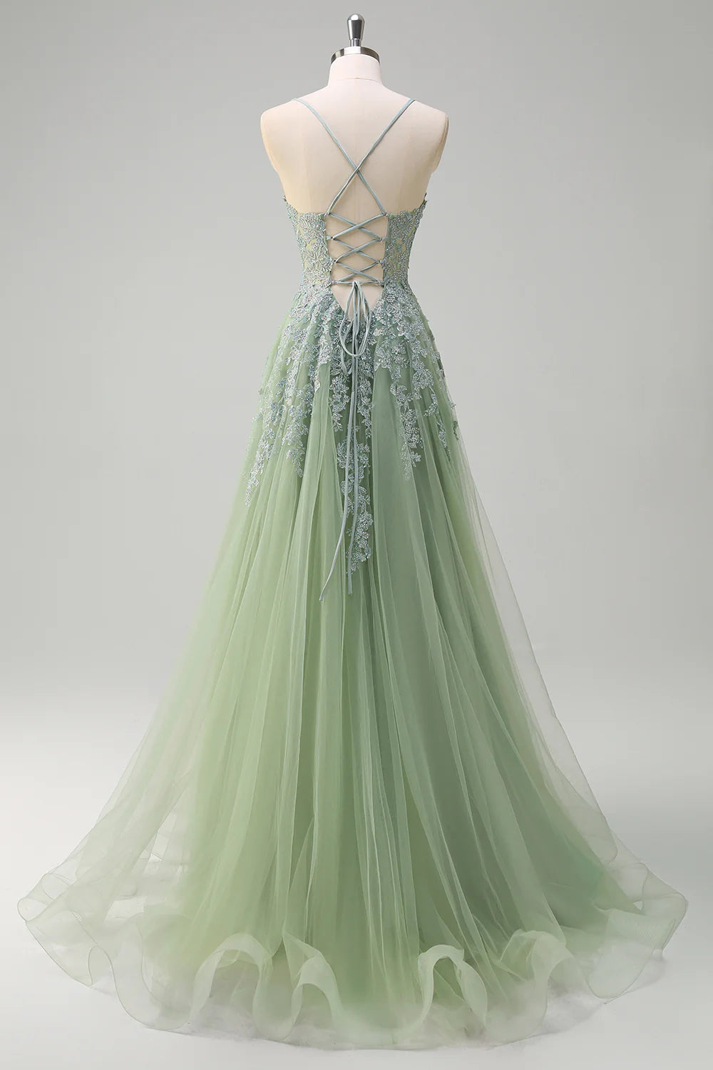 Green A Line Spaghetti Straps Appliques Beaded Tulle Long Prom Dress Graduation Prom with Slit DP2244