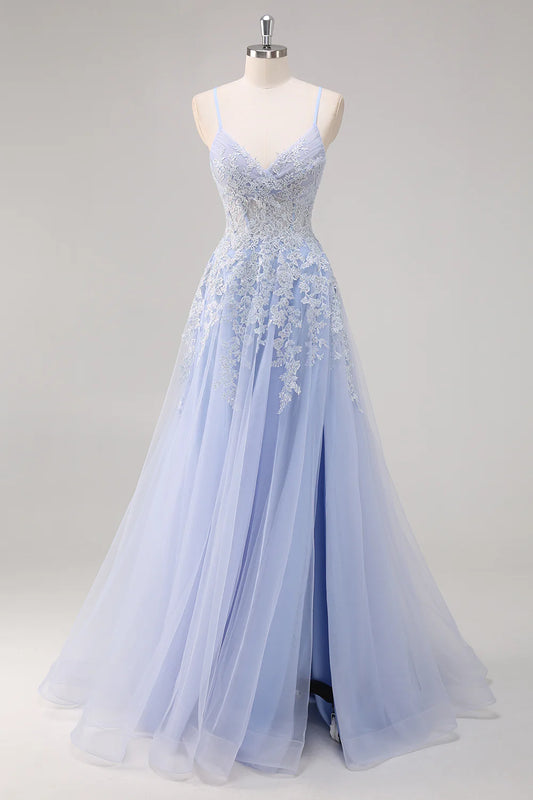Lavender A Line Spaghetti Straps Appliques Beaded Tulle Long Prom Dress Graduation Prom with Slit DP2241