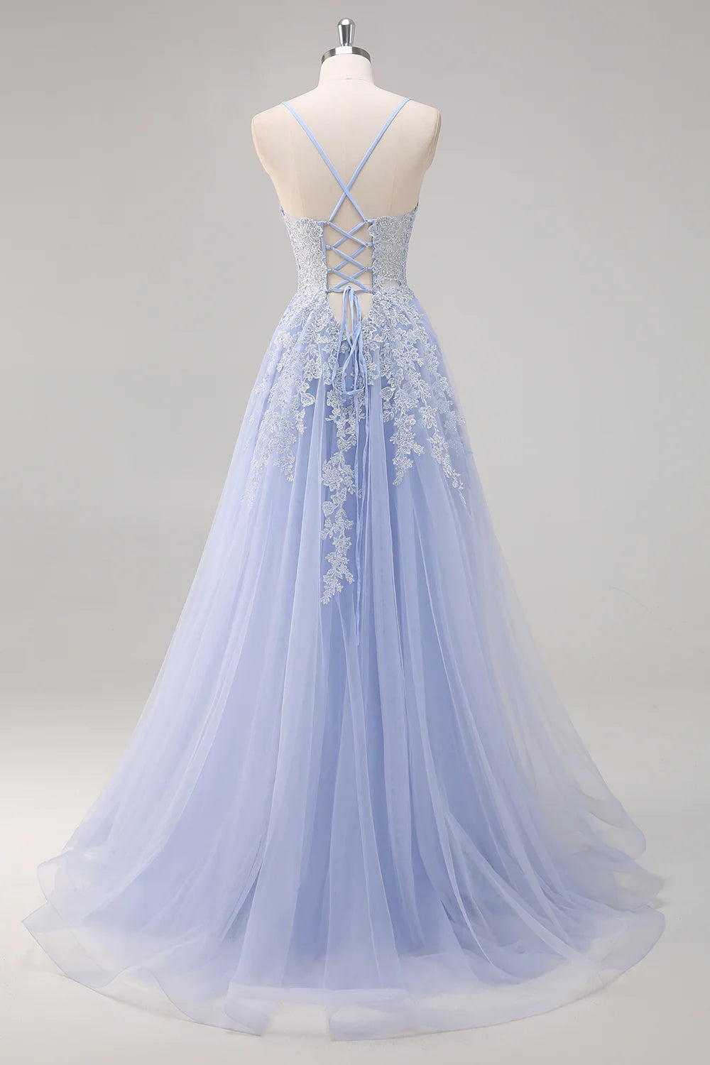 Lavender A Line Spaghetti Straps Appliques Beaded Tulle Long Prom Dress Graduation Prom with Slit DP2241