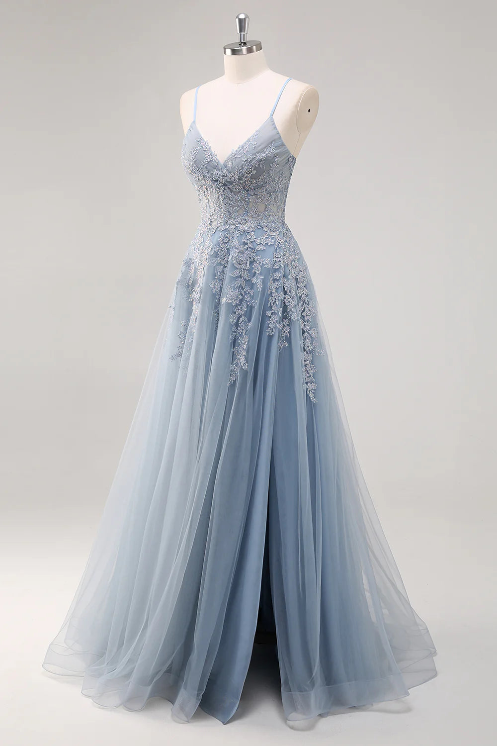 Blue A Line Spaghetti Straps Appliques Beaded Tulle Long Prom Dress Graduation Prom with Slit DP2242