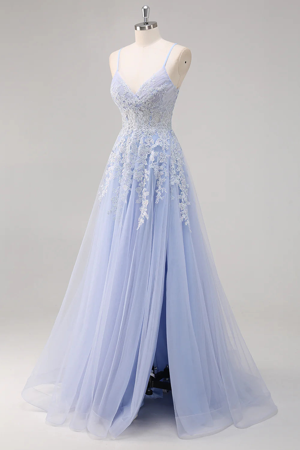 Lavender A Line Spaghetti Straps Appliques Beaded Tulle Long Prom Dress Graduation Prom with Slit DP2241