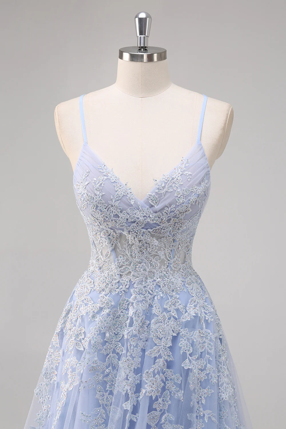 Lavender A Line Spaghetti Straps Appliques Beaded Tulle Long Prom Dress Graduation Prom with Slit DP2241