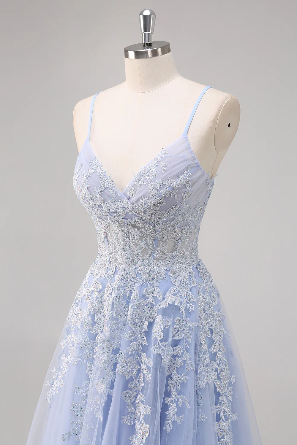 Lavender A Line Spaghetti Straps Appliques Beaded Tulle Long Prom Dress Graduation Prom with Slit DP2241