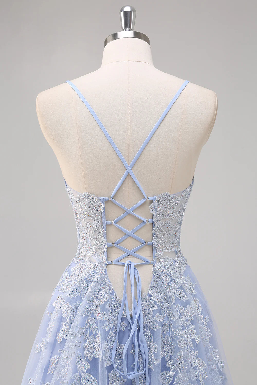 Lavender A Line Spaghetti Straps Appliques Beaded Tulle Long Prom Dress Graduation Prom with Slit DP2241