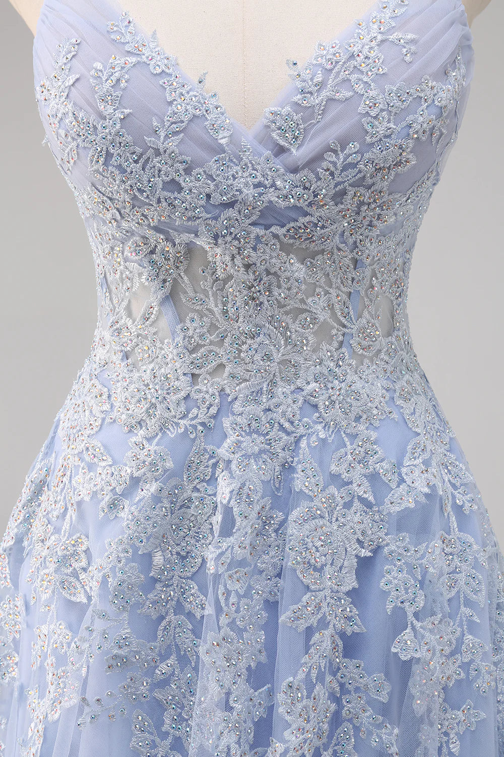 Lavender A Line Spaghetti Straps Appliques Beaded Tulle Long Prom Dress Graduation Prom with Slit DP2241