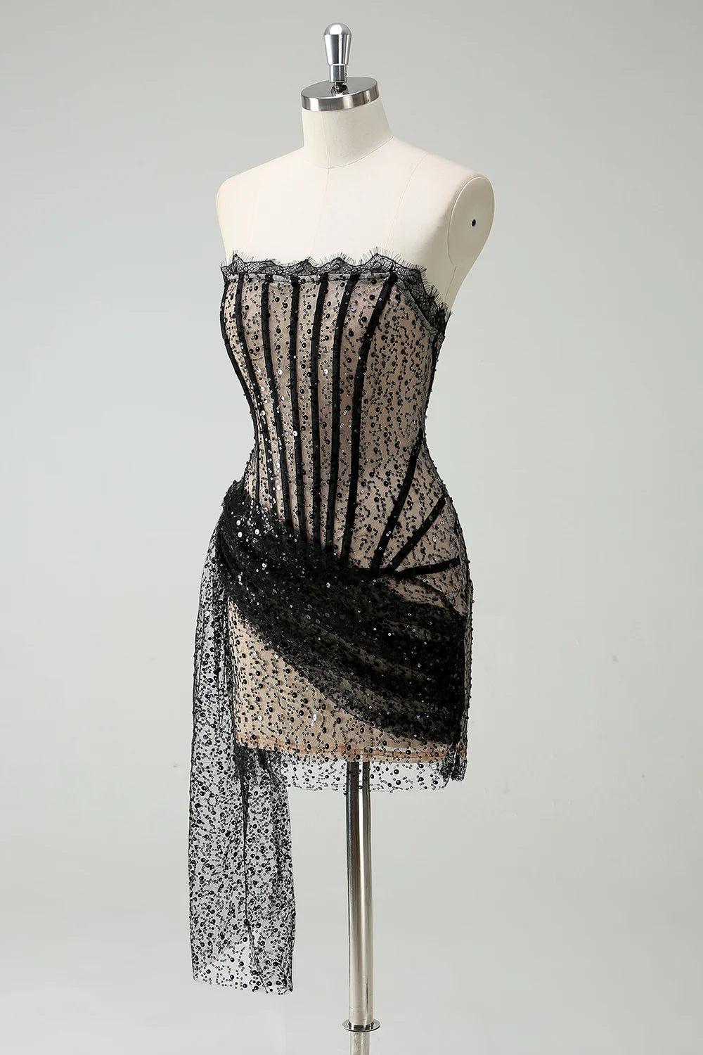 Sexy Sheath Strapless Corset Black Lace Short Birthday Dress Evening Dress DP1453