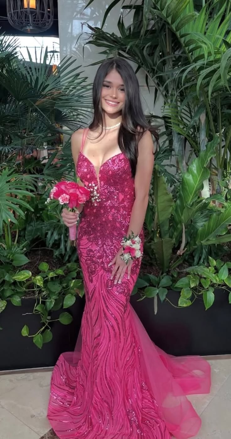 Hot Pink Mermaid Spaghetti Strap Sequin Tulle Long Prom Dress DP8147