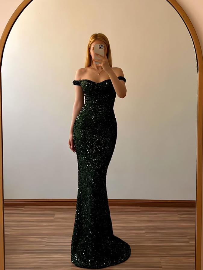 Emerlad Mermaid Off the Shoulder Sequin Long Prom Dress Evening Dress DP6498