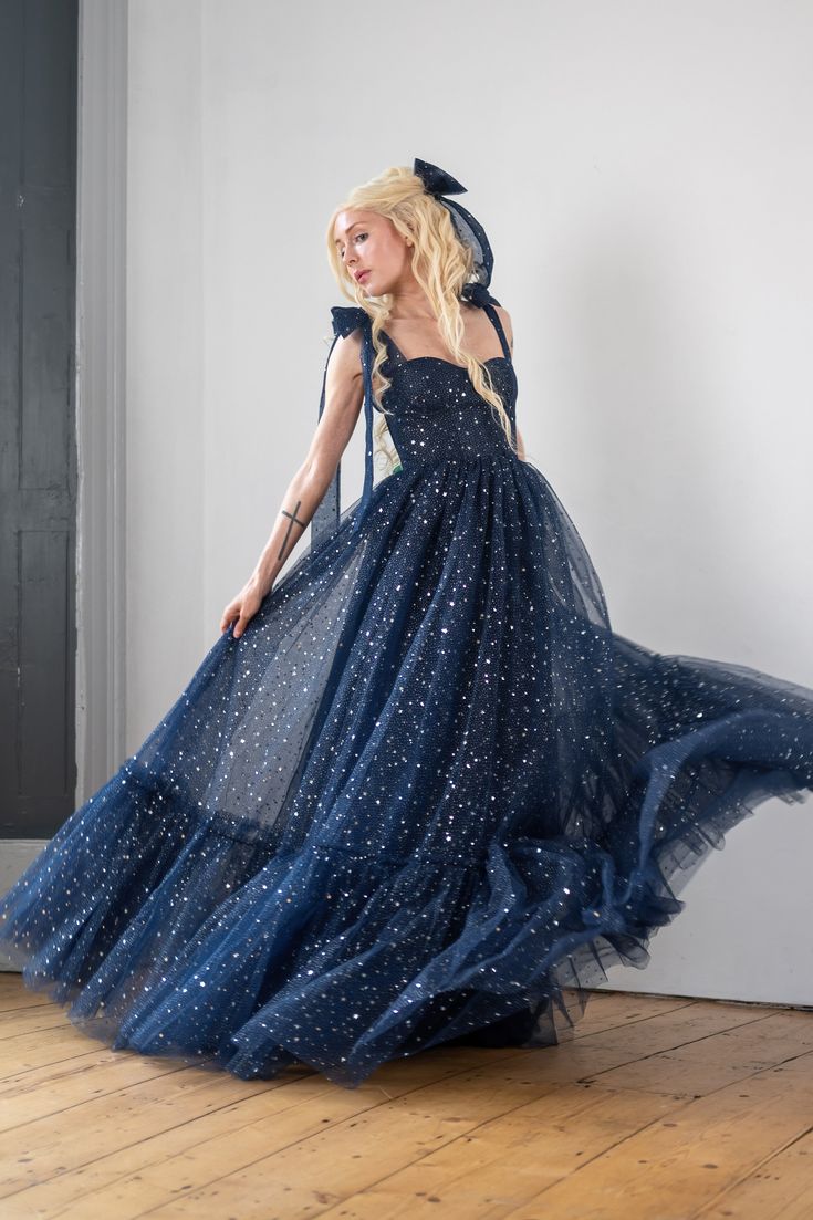 Star Sequin Navy Blue A Line Straps Layered Tulle Date Dress Prom Dress Evening Dress DP3371
