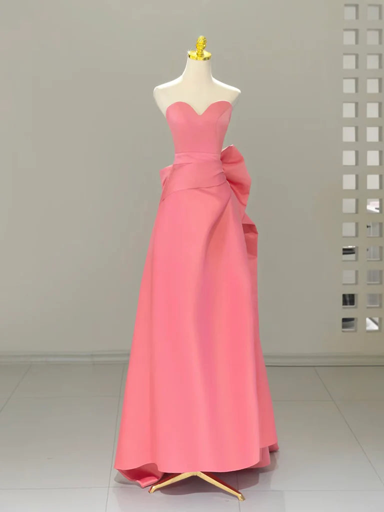 A Line Sweetheart Neck Pink Bow Satin Long Prom Dress Formal Dress DP1179