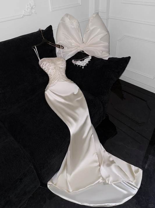 Elegant Mermaid Strapless Pearl White Satin Long Sweep Wedding Dress Prom Dress DP2562