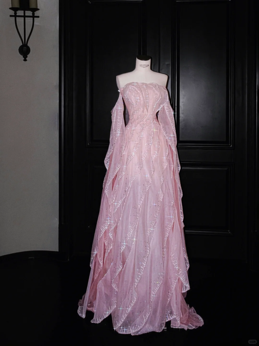 Gentle A Line Off the Shoulder Layered Beaded Pink Organza Long Prom Dress Evening Dress DP2655