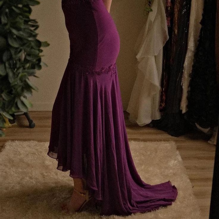 Purple Mermaid Spaghetti Straps Appliques Beaded Chiffon Prom Dress Date Dress DP3990
