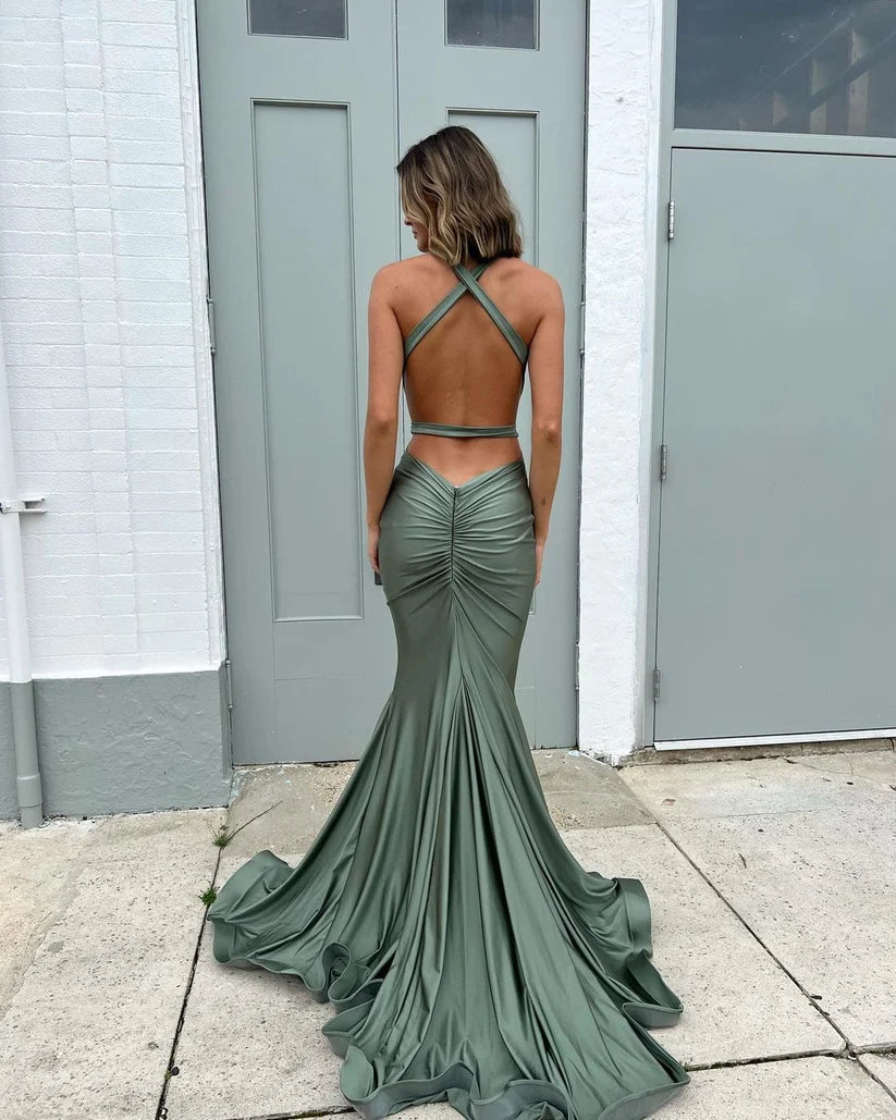 Sexy Backless Green Mermaid Halter Satin Evening Dress Prom Dress DP7675