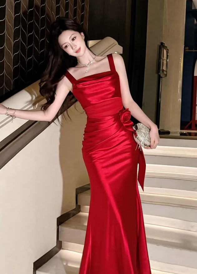 Sexy Mermaid Spaghetti Strap Red Satin Long Prom Dress Evening Dress DP4810