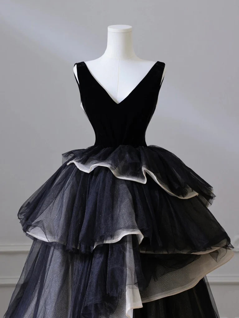 Black A Line V Neck Layered Tulle Long Prom Dress DP843