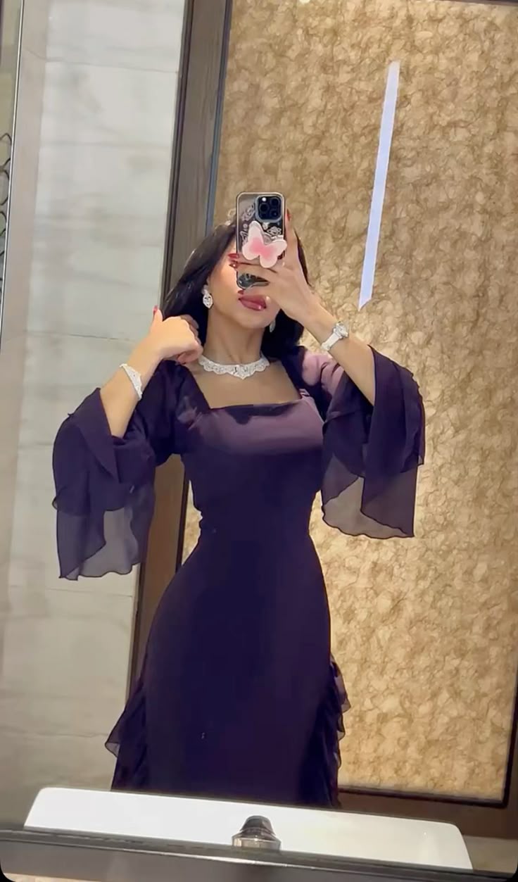 Dark Purple A Line Long Sleeve Ruffle Chiffon Prom Dress Evening Dress DP3461