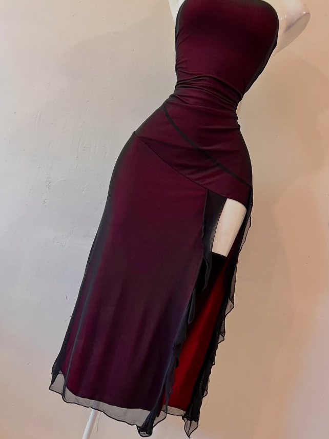 A Line Strapless Black Tulle Burgundy Satin Homecoming Dress Cocktail Dress with Slit DP2891