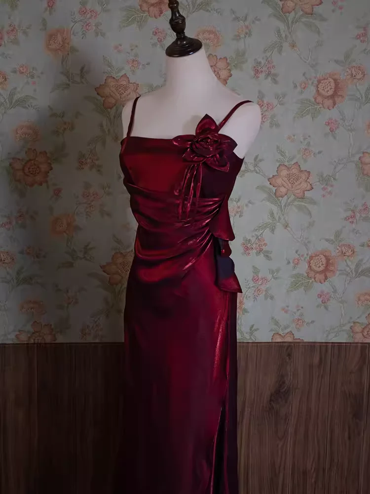 Vintage Spaghetti Straps Burgundy Long Prom Dress DP292
