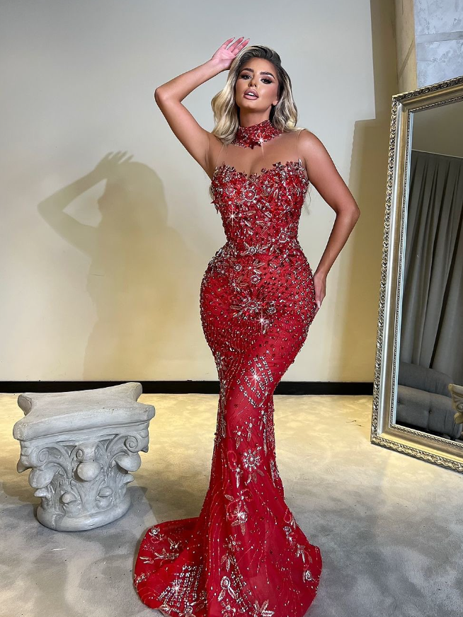 Sexy Red Mermaid Sweetheart Neck Shiny Rhinestone Tulle Prom Dress Evening Dress DP5933