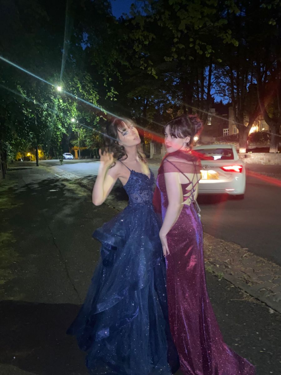 Navy Blue A Line Spaghetti Strap Beaded Sequin Organza Prom Dress DP4411