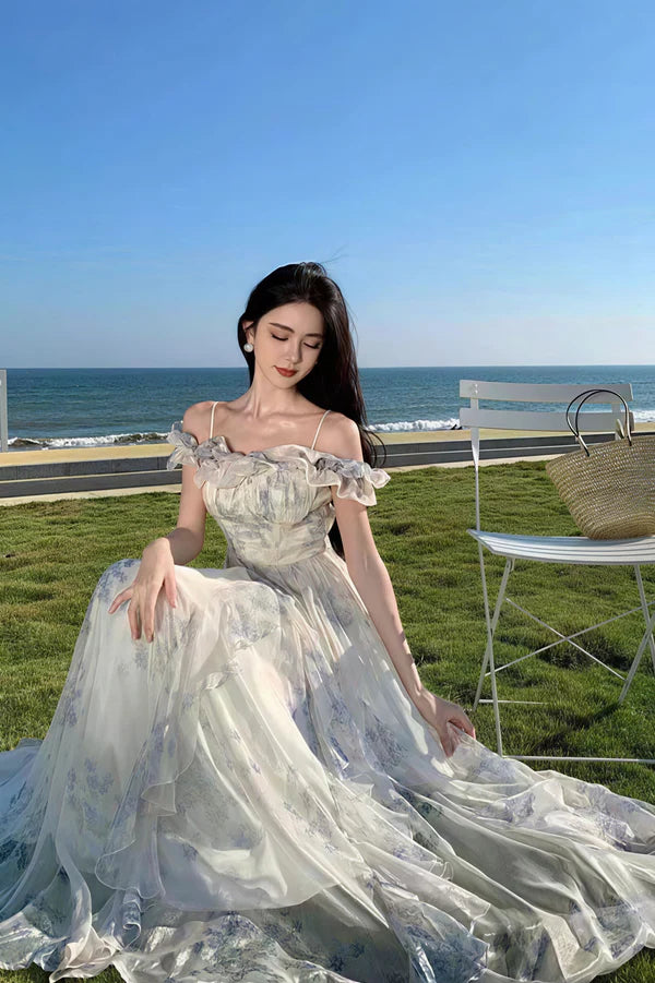Romantic Flowy A Line Print Floral Chiffon Prom Dress Party Evening Dress DP5378