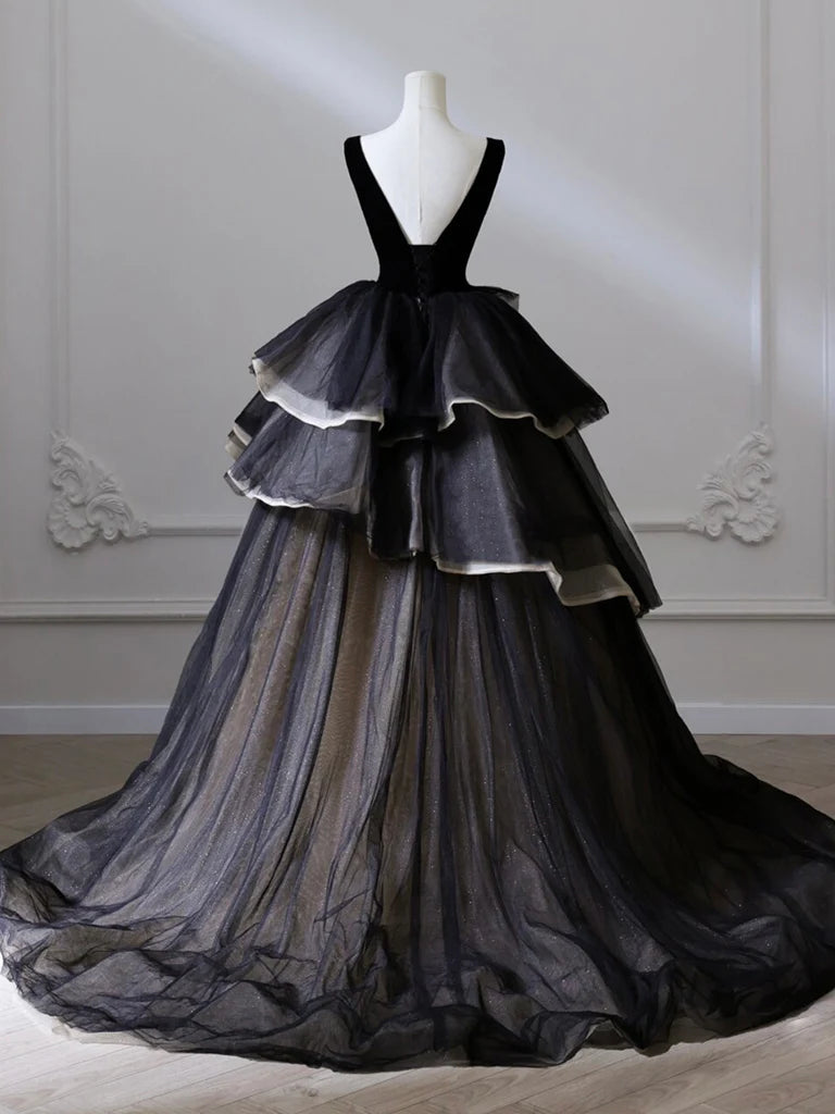 Black A Line V Neck Layered Tulle Long Prom Dress DP843