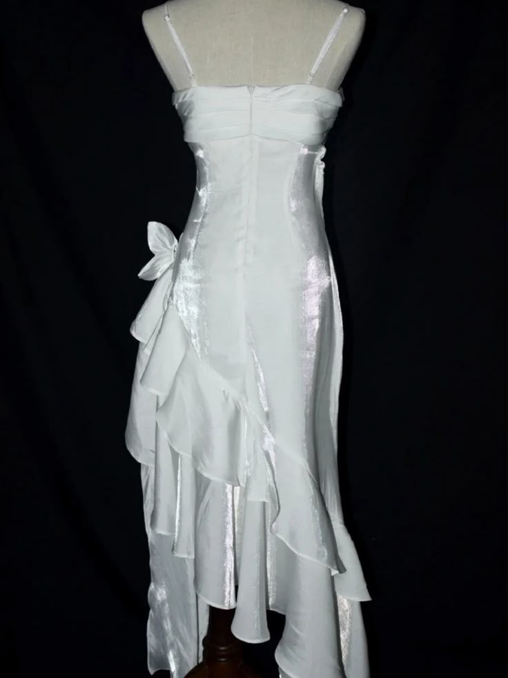 White Vintage Floral Spaghetti Strap Satin Prom Dress Asymmetrical Hem Prom Gown DP2033