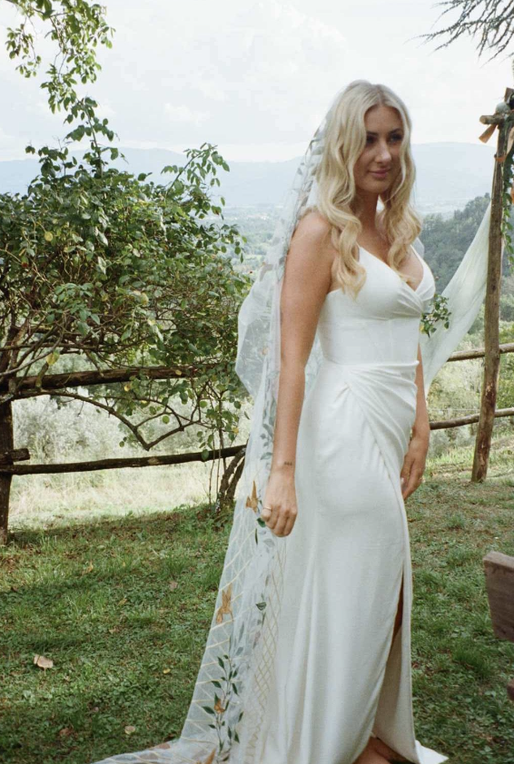 Simple Mermaid Spaghetti Strap Satin Long Sweep Wedding Dress with Slit DP1866