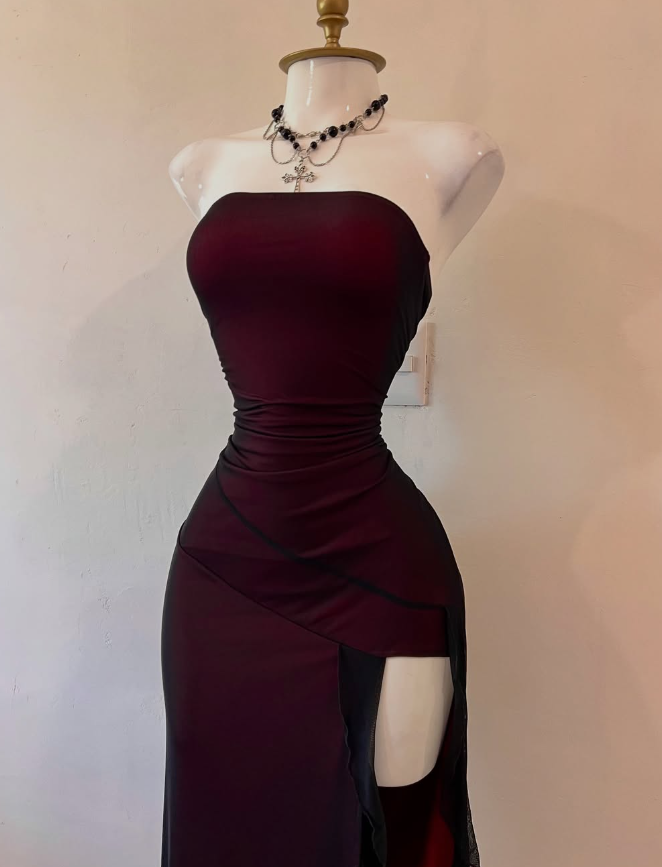 A Line Strapless Black Tulle Burgundy Satin Homecoming Dress Cocktail Dress with Slit DP2891