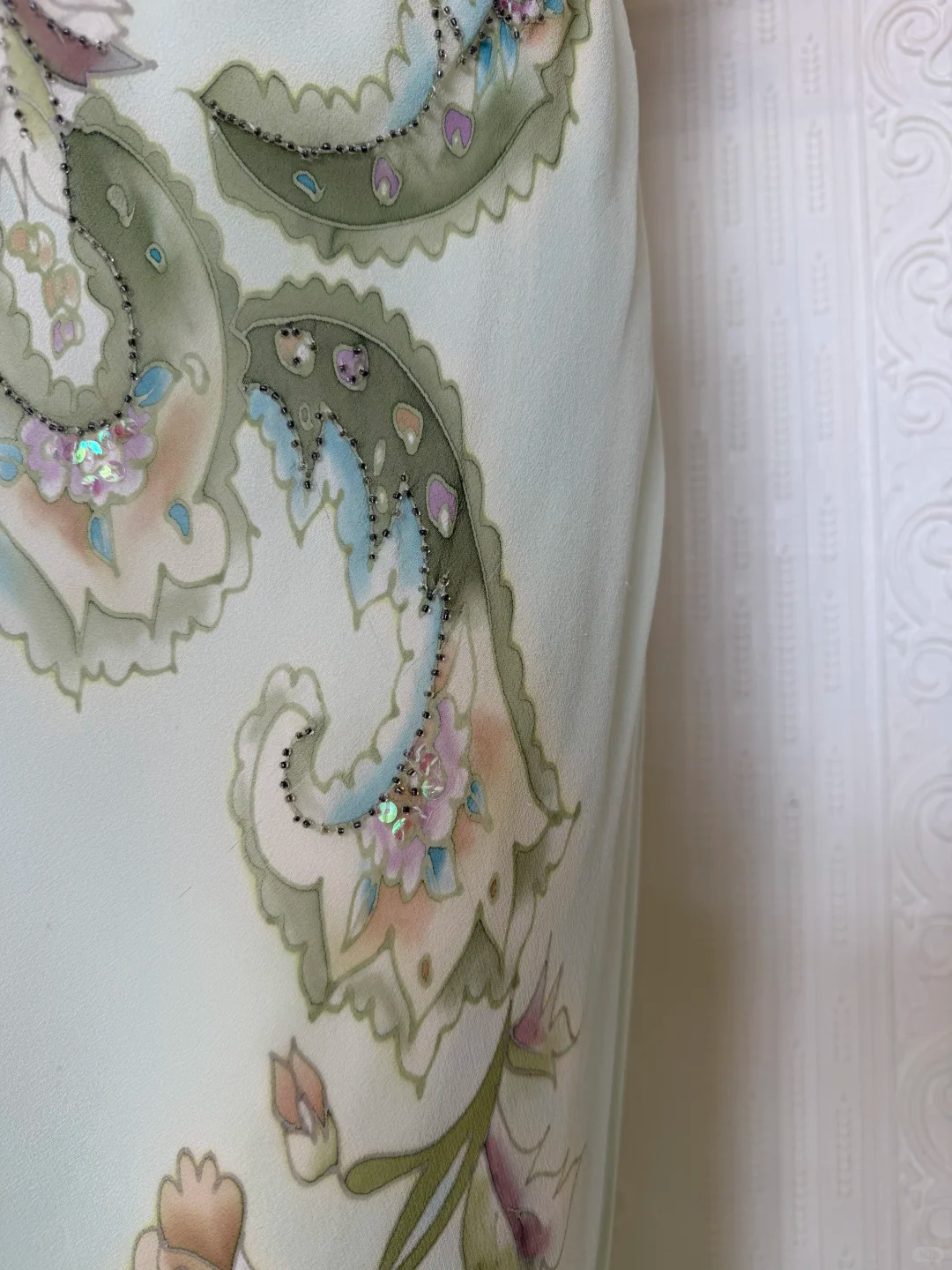 Vintage Light Green Print Floral Beaded Chiffon Prom Dress DP5172