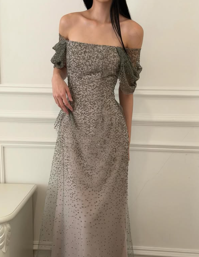 Brown A Line Off the Shoulder Ombre Sequin Tulle Prom Dress Evening Dress DP5776