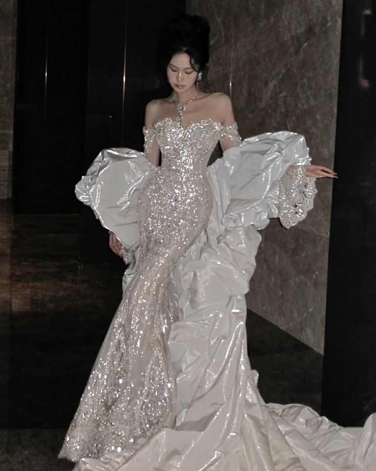 Stunning Mermaid Off the Shoulder Sequin Beaded Tulle Satin Wedding Dress Prom Dress DP4166