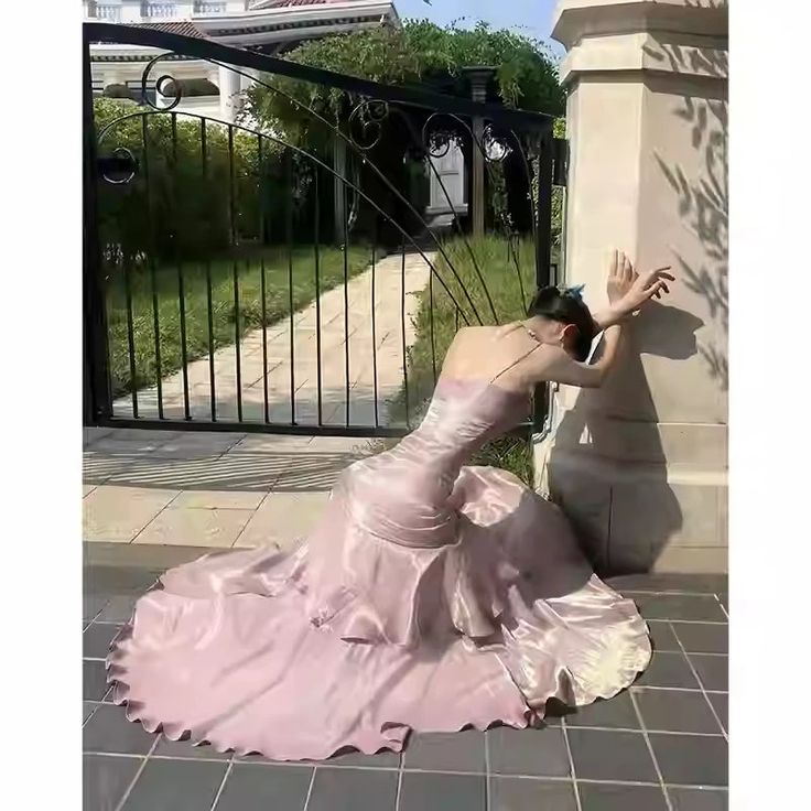 Pink Mermaid Spaghetti Straps Long Prom Dresses Birthday Party Dress Evening Gowns DP4237