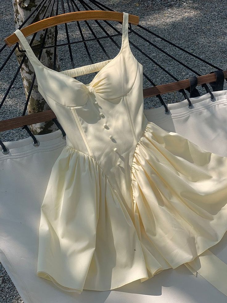 Light Yellow A Line Strap Satin Open Back Mini Homecoming Dress Birthday Dress DP2619