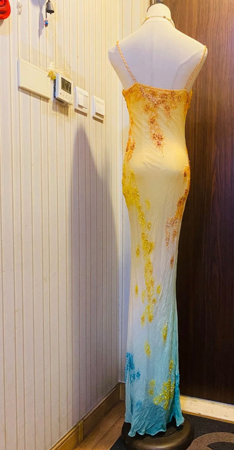 Stunning Sheath Spaghetti Strap Beaded Yellow Blue Ombre Chiffon Long Party Dress Evening Dress DP2323