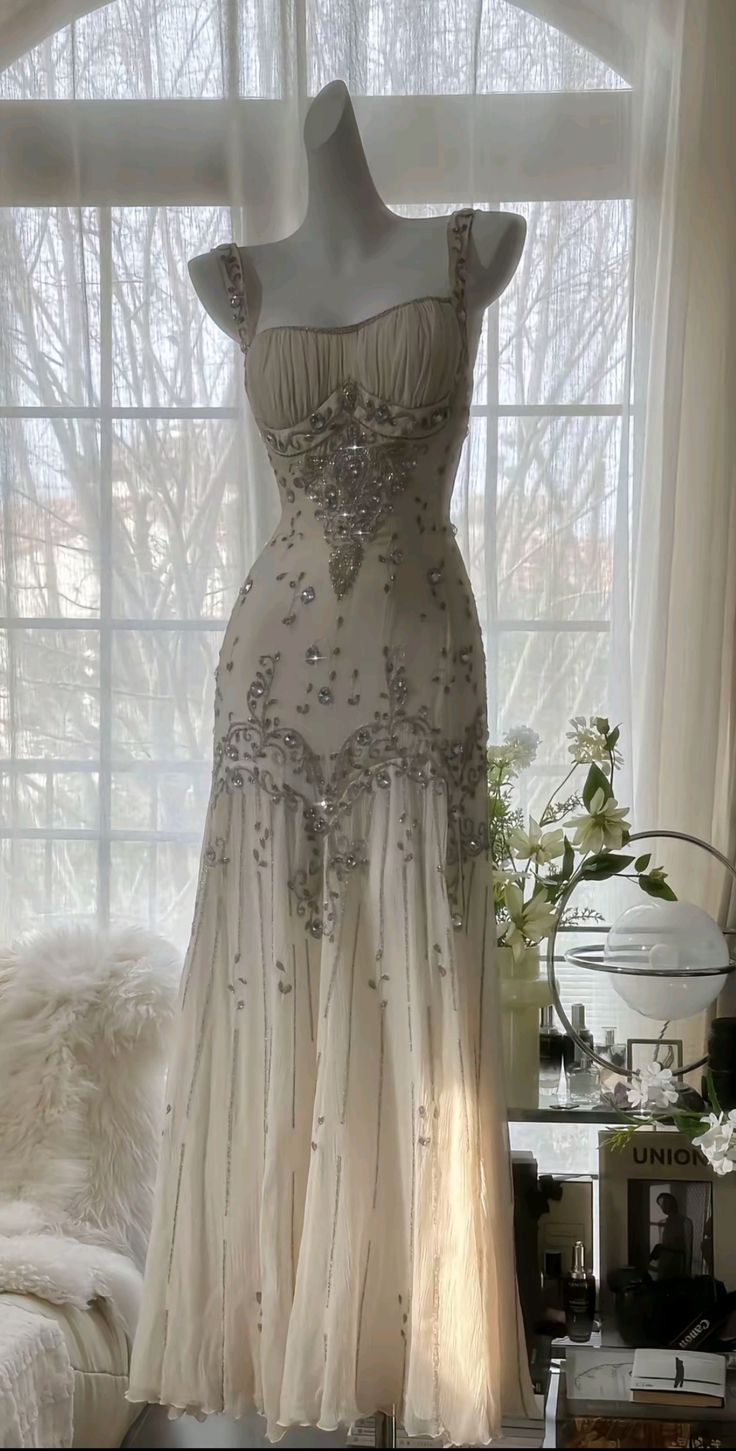 Romantic Ivory Flowy Rhinestone Chiffon Prom Dress Date Dress Birthday Dress DP2948