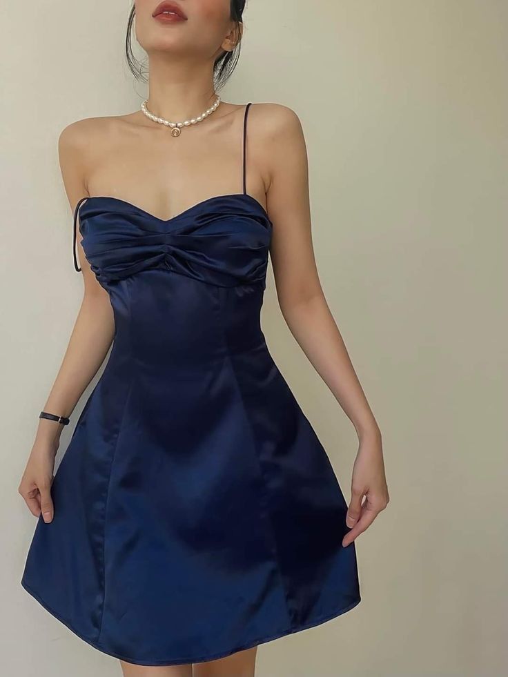 Navy Blue A Line Spaghetti Strap Satin Homecoming Dress Mini Dress Cocktail Dress DP5477