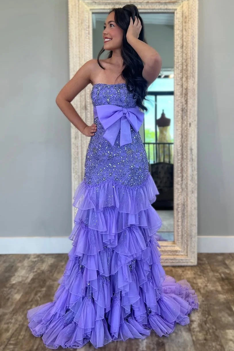 Dreamy Purple Mermaid Strapless Beaded Tulle Long Evening Dress Prom Dress DP7684