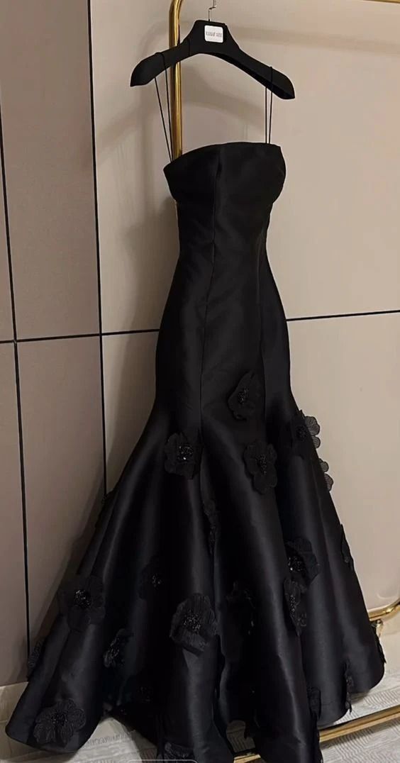 Black Elegant Mermaid Strapless Floral Satin Long Party Dress Date Dress DP2934