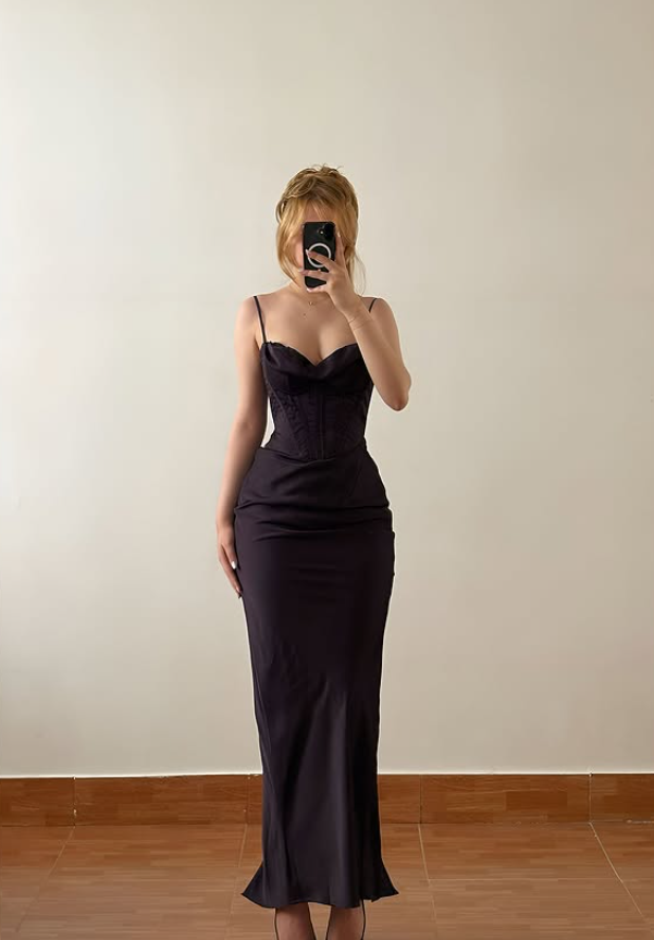 Dark Purple Sheath Spaghetti Straps Corset Satin Prom Dress Evening Dress DP6430