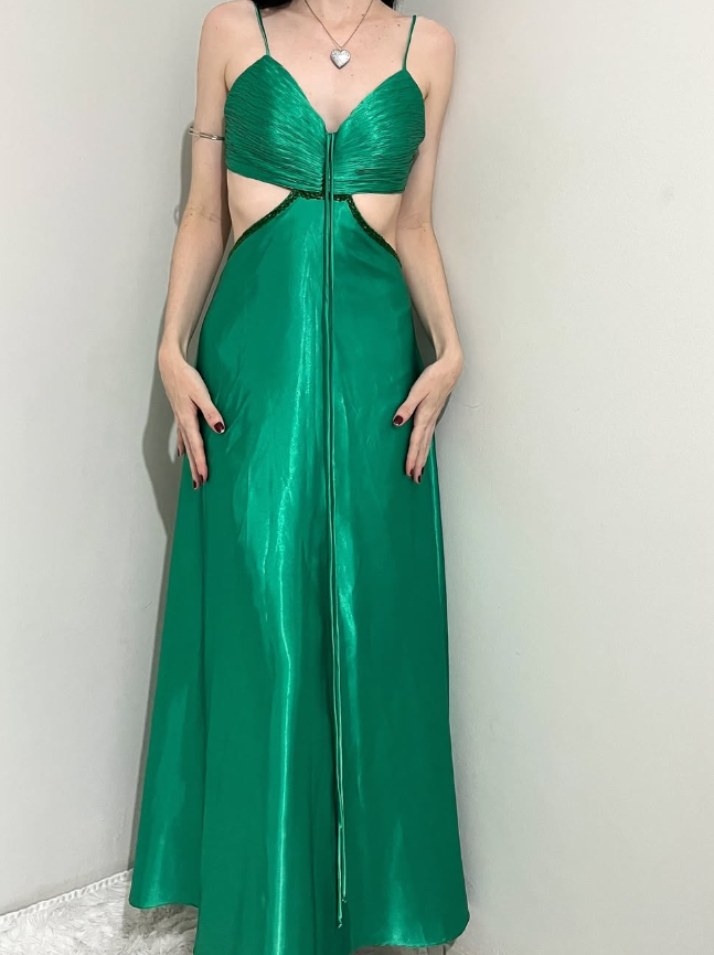 Charming A Line Spaghetti Strap Beaded Green Satin Open Back Prom Dress Evening Dress DP2140